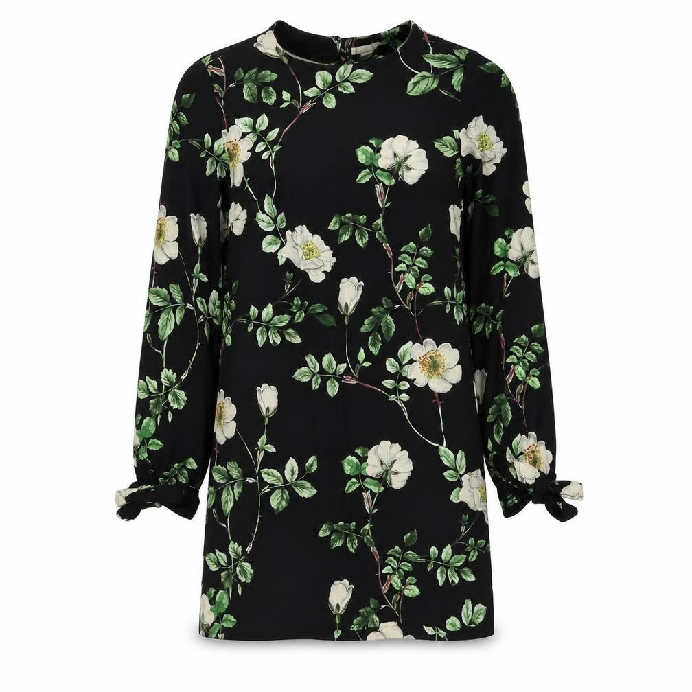 H&M Womens Black Floral Polyester Shift Size 8 Scoop Neck Pullover - Tie Sleeve Detail