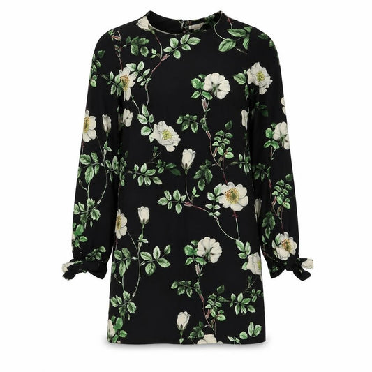 H&M Womens Black Floral Polyester Shift Size 8 Scoop Neck Pullover - Tie Sleeve Detail