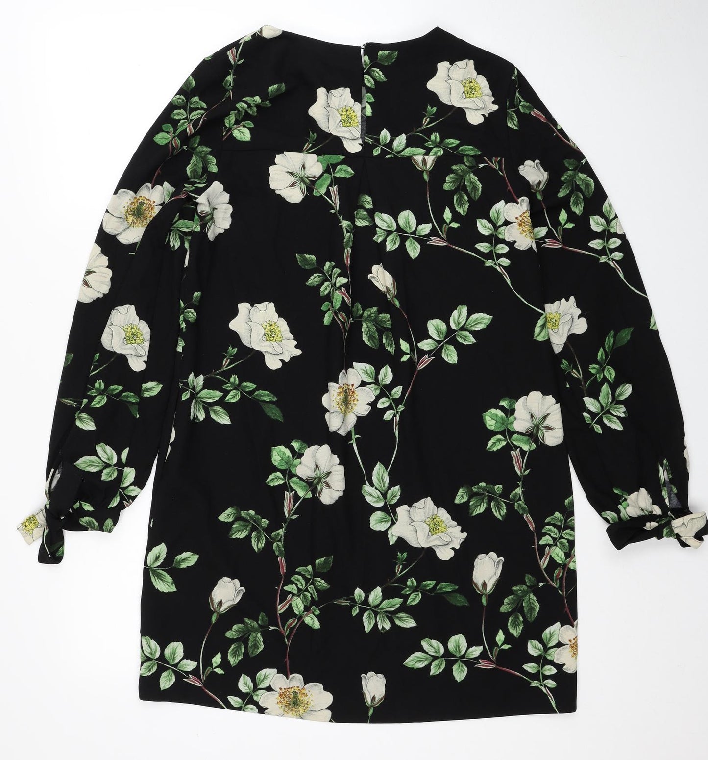H&M Womens Black Floral Polyester Shift Size 8 Scoop Neck Pullover - Tie Sleeve Detail