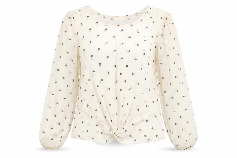 George Womens Ivory Polka Dot Polyester Basic Blouse Size 8 Round Neck - Knot Front
