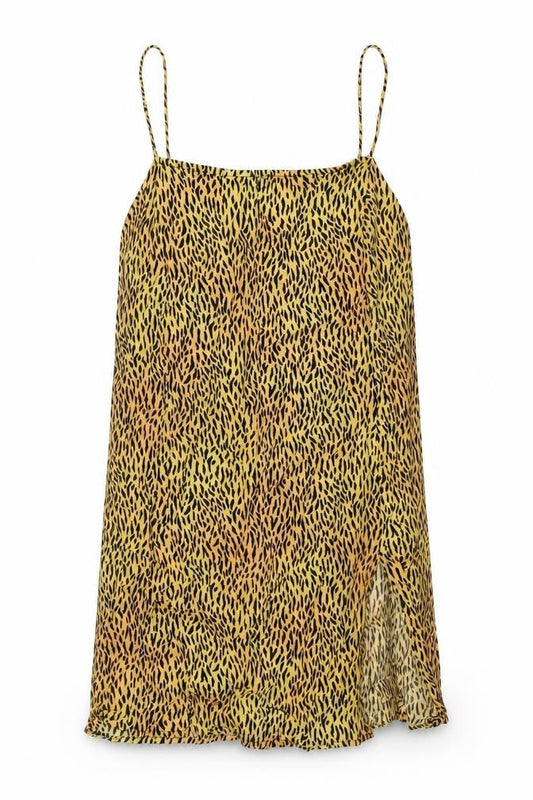 Motel Rocks Womens Yellow Animal Print Viscose Slip Dress Size M Square Neck Pullover - Tiger Pattern