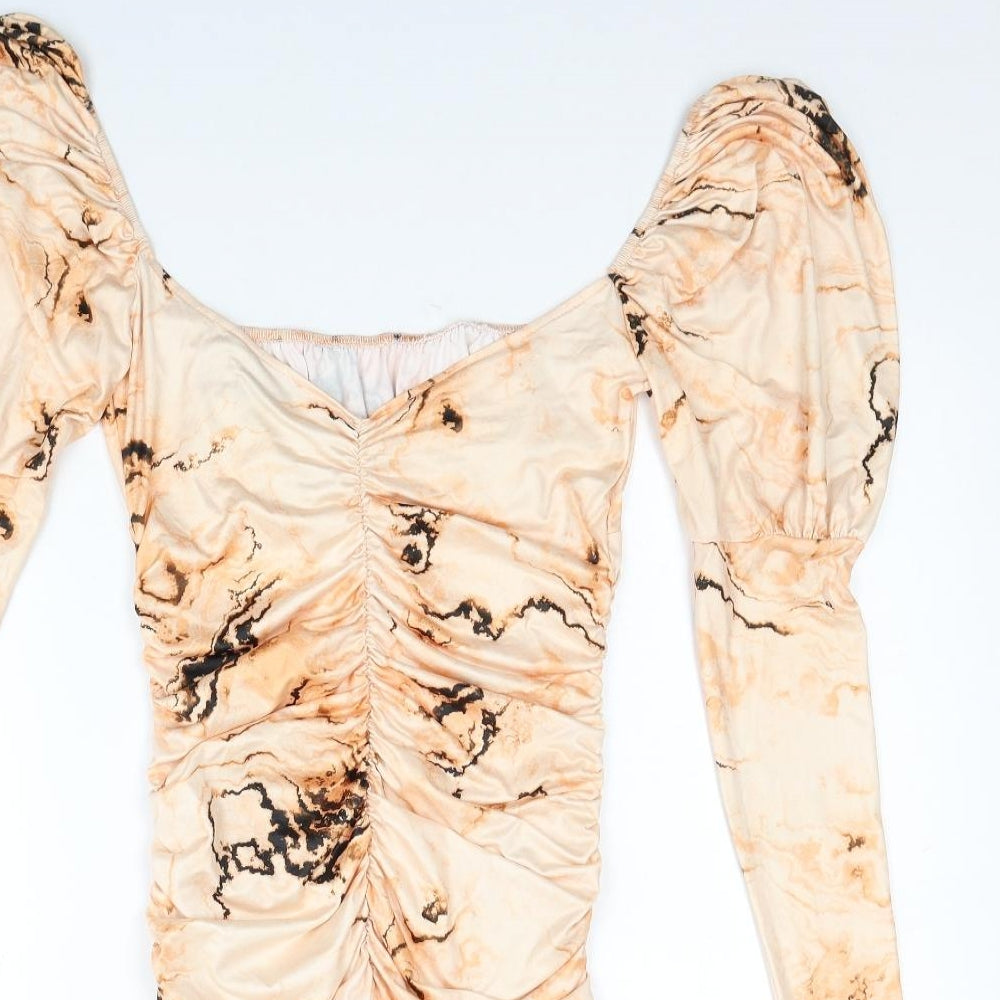 ASOS Womens Beige Tie Dye Polyester Bodycon Size 4 Off the Shoulder Pullover - Balloon Sleeve