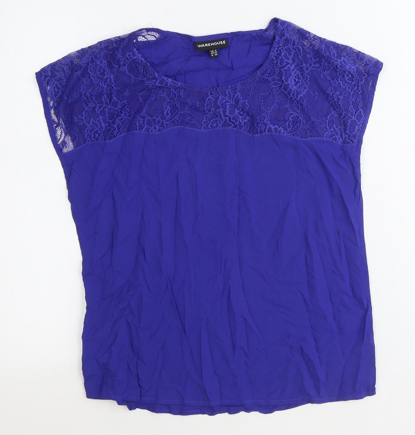 Warehouse Womens Blue Viscose Basic Blouse Size 8 Round Neck
