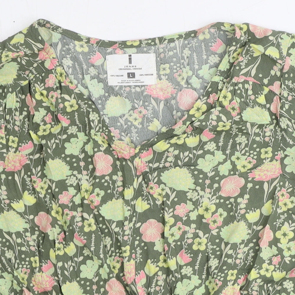 i jeans by Buffalo Womens Green Floral Viscose Basic Blouse Size L V-Neck