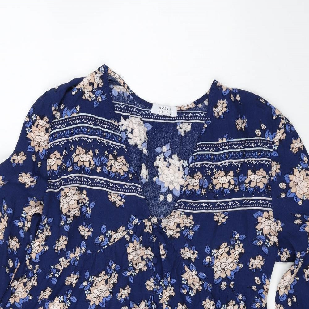 Swell Womens Blue Floral Viscose Basic Blouse Size 10 V-Neck