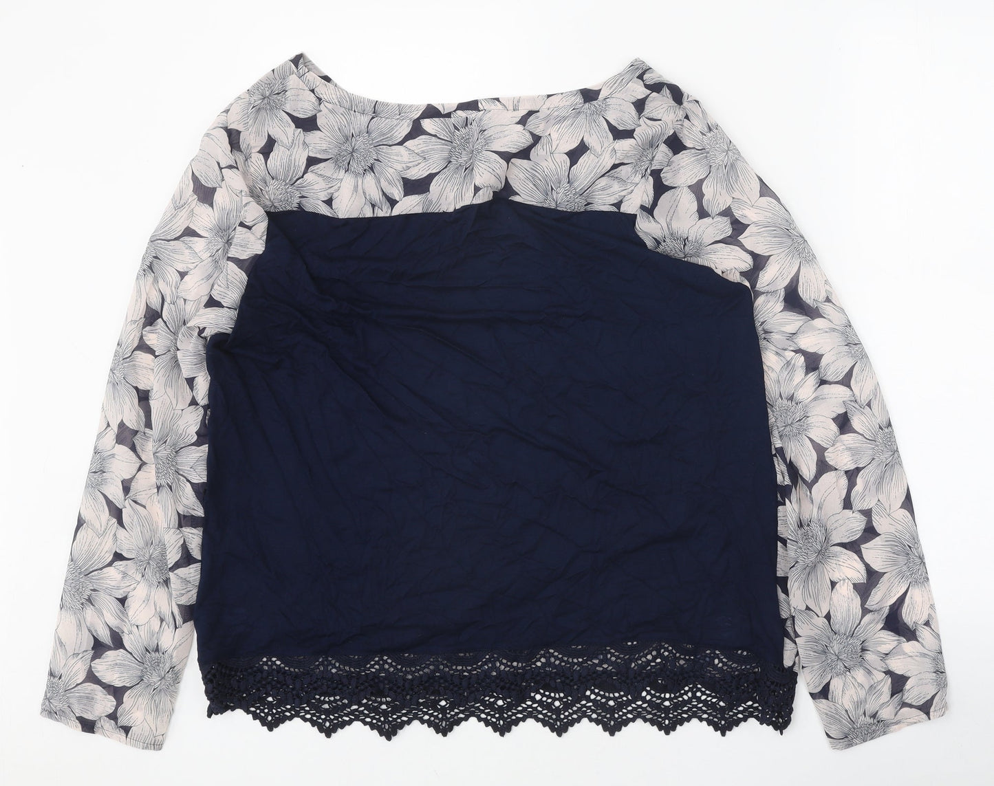 Classic Womens Black Floral Viscose Basic Blouse Size 16 Round Neck - Lace Detail