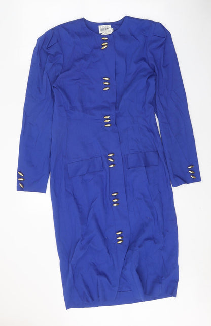 Leslie Fay Womens Blue Polyester Sheath Size 10 Round Neck Button