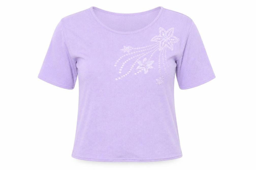 Eye Design Womens Purple Floral Polyester Basic T-Shirt Size M Round Neck