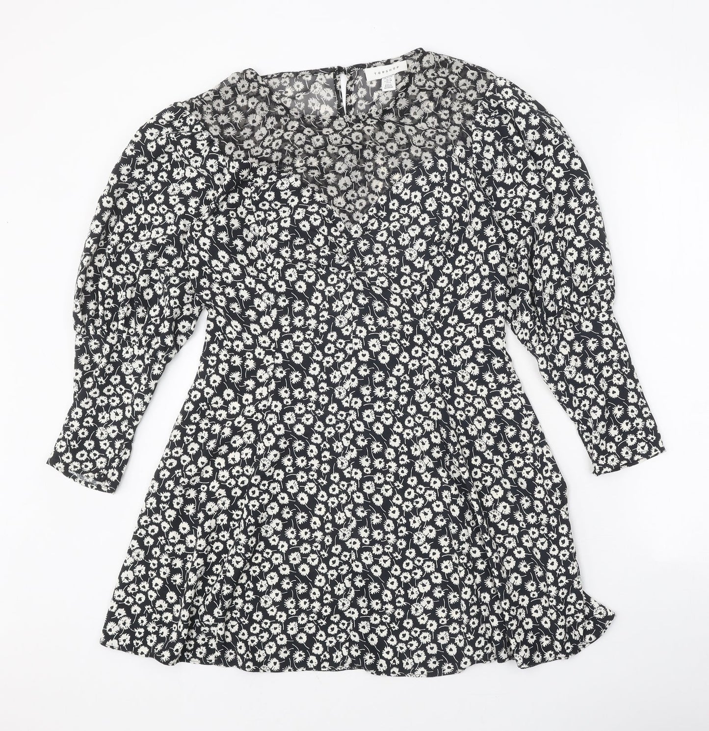 Topshop Womens Black Floral Polyester A-Line Size 10 Round Neck Zip