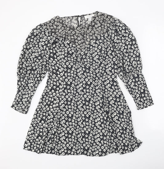 Topshop Womens Black Floral Polyester A-Line Size 10 Round Neck Zip