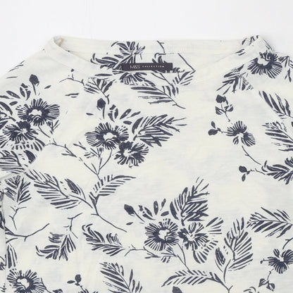 Marks & Spencer Womens White Floral Polyester Basic Blouse Size 8 Boat Neck