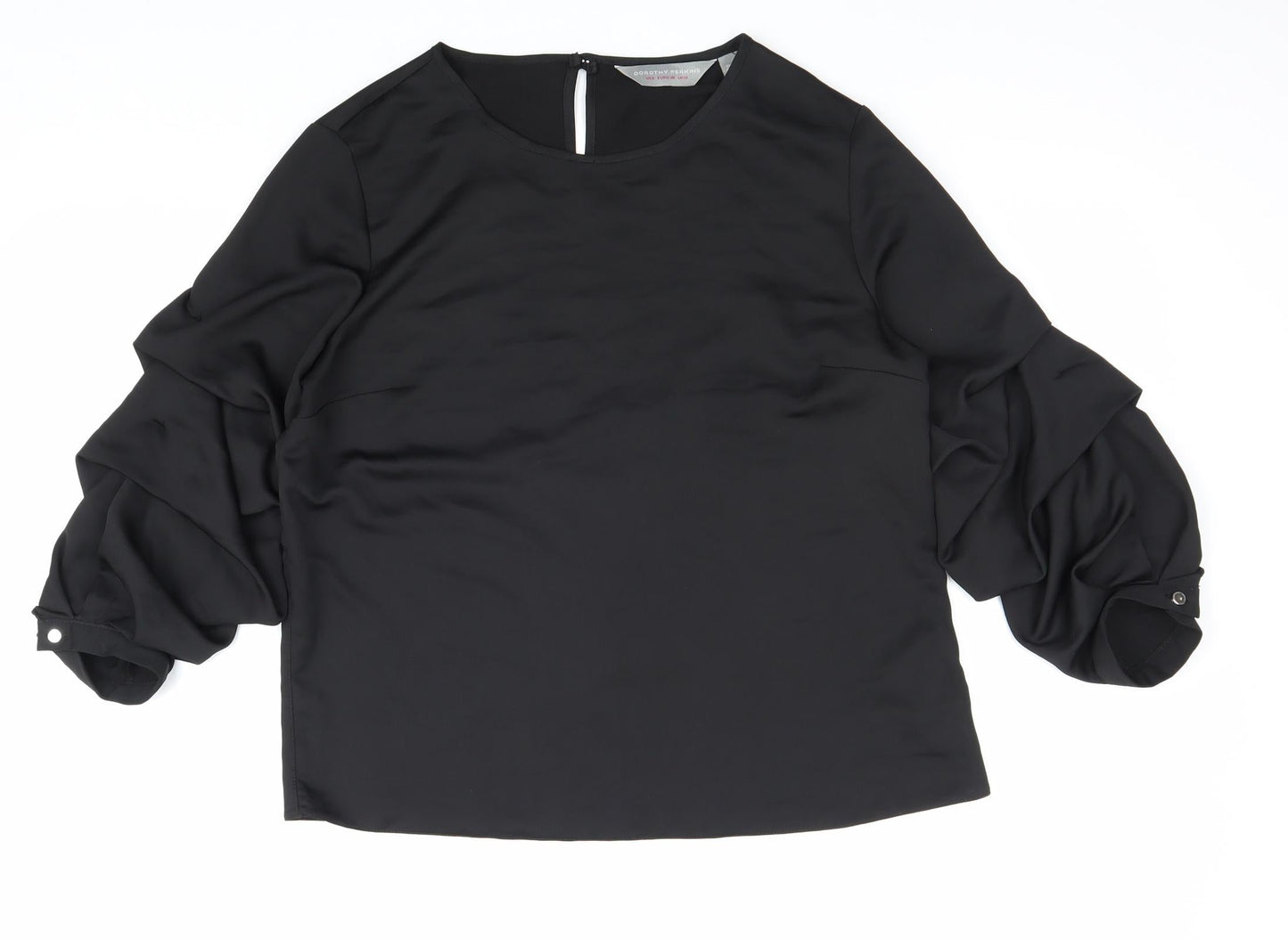 Dorothy Perkins Womens Black Polyester Basic Blouse Size 10 Scoop Neck - Ruched Sleeve Detail