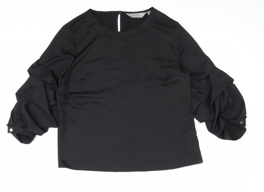 Dorothy Perkins Womens Black Polyester Basic Blouse Size 10 Scoop Neck - Ruched Sleeve Detail