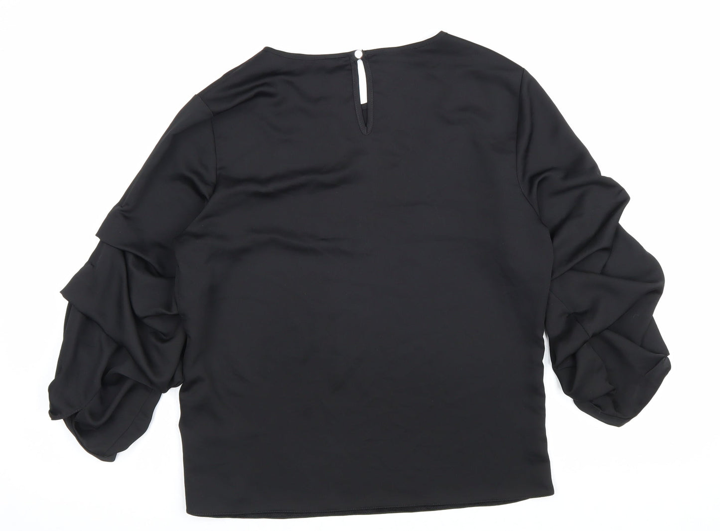 Dorothy Perkins Womens Black Polyester Basic Blouse Size 10 Scoop Neck - Ruched Sleeve Detail