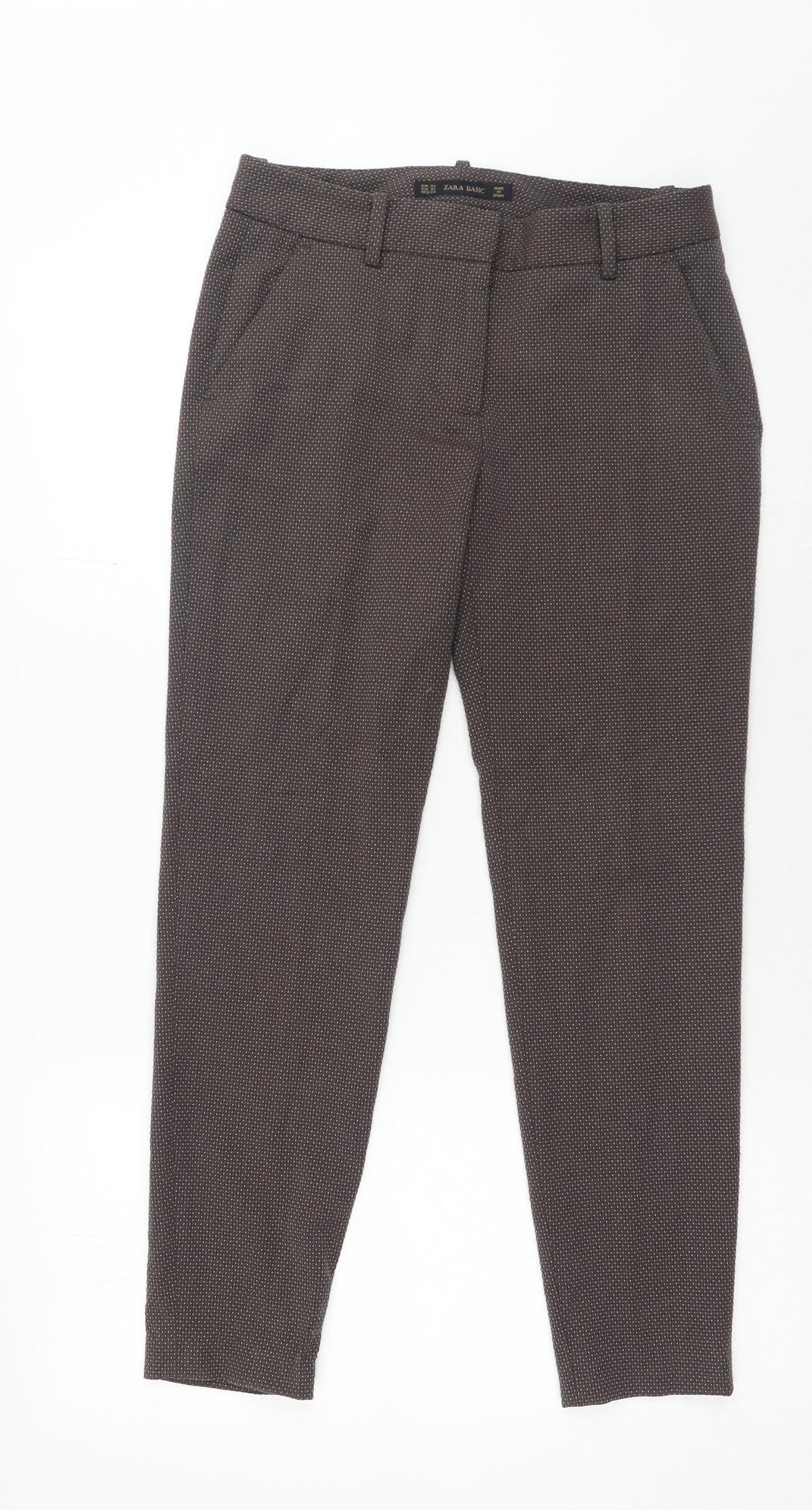 Zara Womens Brown Geometric Polyester Trousers Size 8 Regular Hook & Eye