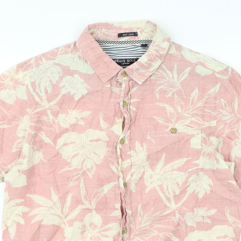 Brave Soul Mens Pink Geometric Cotton Button-Up Size S Collared Button - Tropical Print