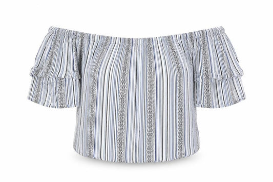 New Look Womens Blue Striped Polyester Cropped T-Shirt Size 8 Off the Shoulder