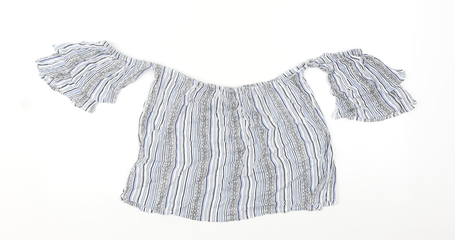 New Look Womens Blue Striped Polyester Cropped T-Shirt Size 8 Off the Shoulder