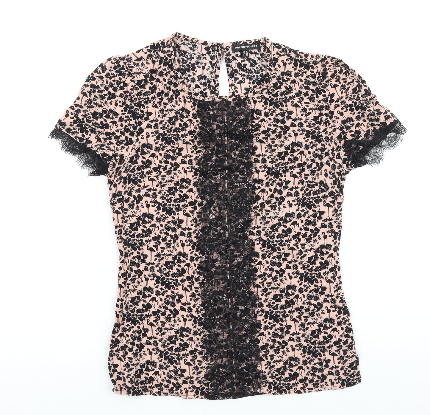 Warehouse Womens Black Floral Viscose Basic T-Shirt Size 6 Round Neck - Lace Detail