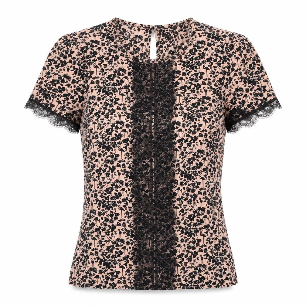 Warehouse Womens Black Floral Viscose Basic T-Shirt Size 6 Round Neck - Lace Detail
