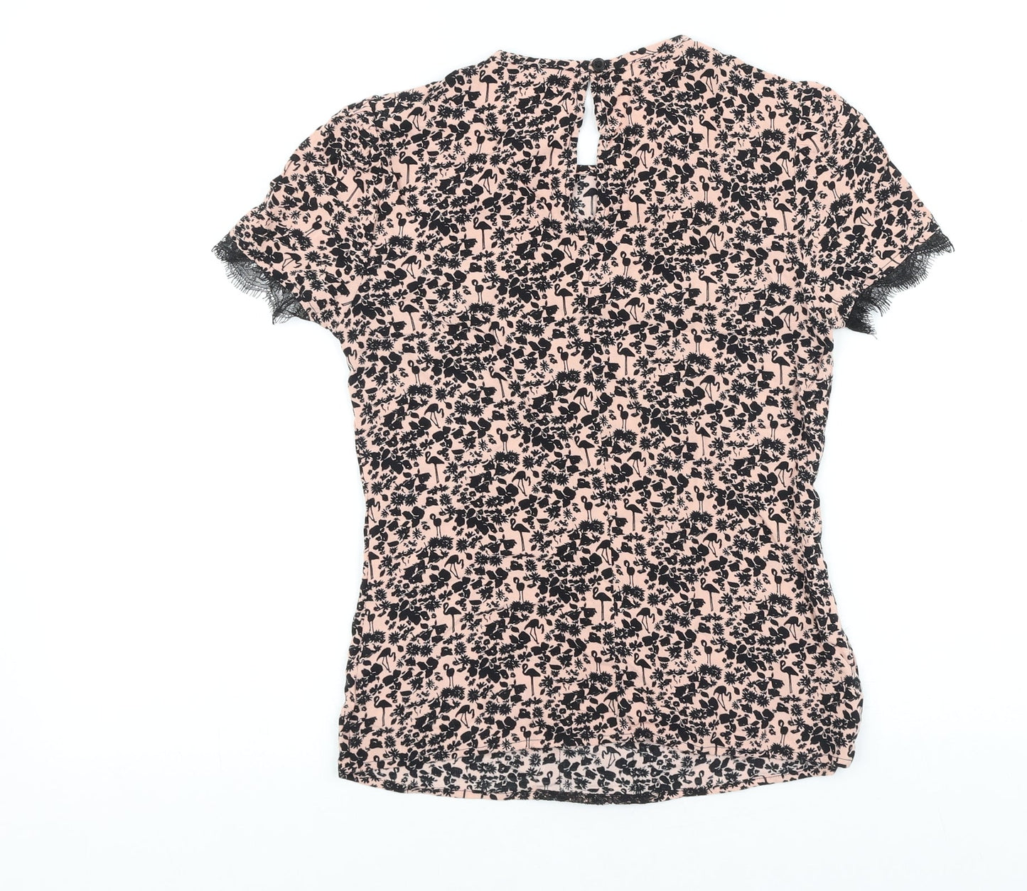Warehouse Womens Black Floral Viscose Basic T-Shirt Size 6 Round Neck - Lace Detail