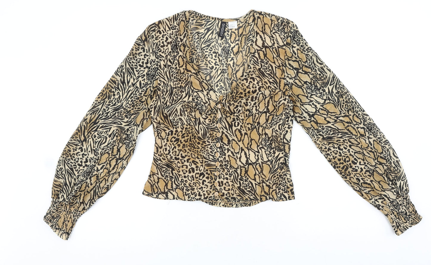H&M Womens Brown Animal Print Polyester Basic Blouse Size 8 V-Neck - Leopard Print