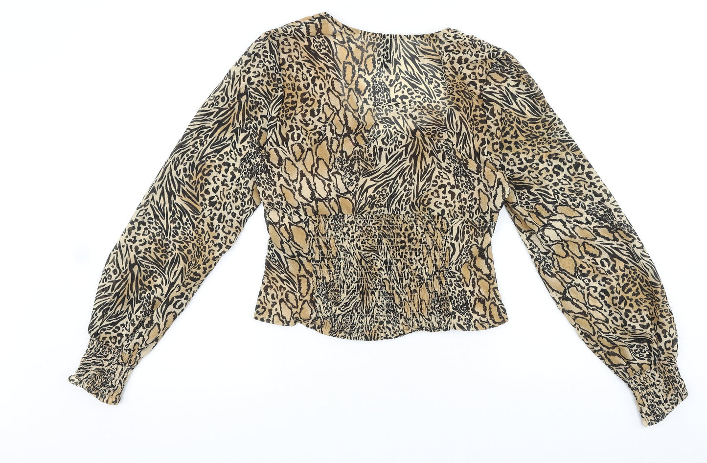 H&M Womens Brown Animal Print Polyester Basic Blouse Size 8 V-Neck - Leopard Print