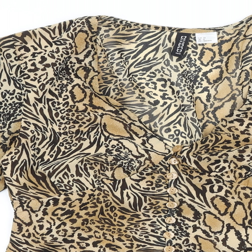 H&M Womens Brown Animal Print Polyester Basic Blouse Size 8 V-Neck - Leopard Print