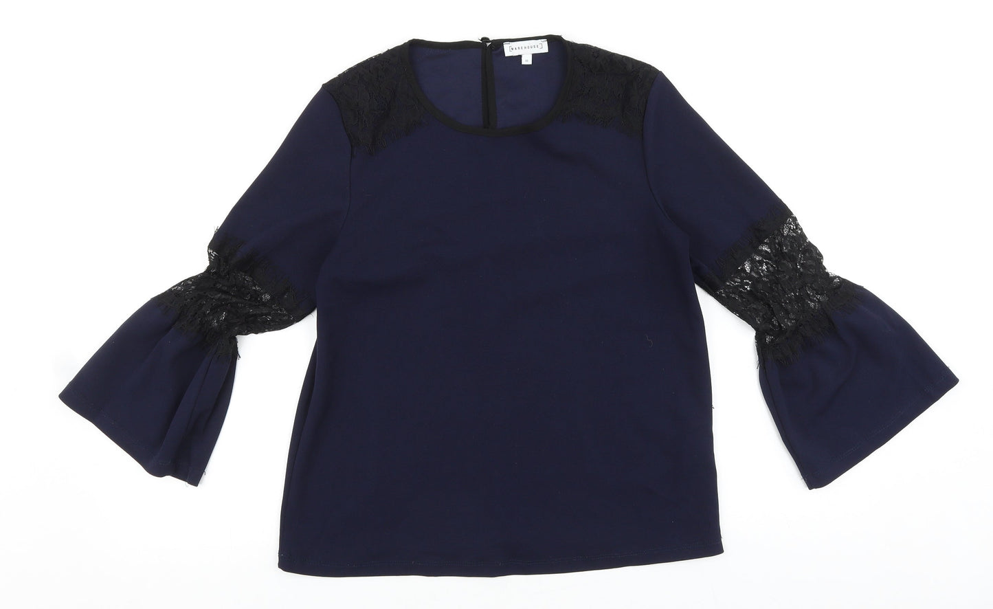 Warehouse Womens Blue Polyester Basic Blouse Size 10 Round Neck - Lace Detail