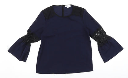 Warehouse Womens Blue Polyester Basic Blouse Size 10 Round Neck - Lace Detail