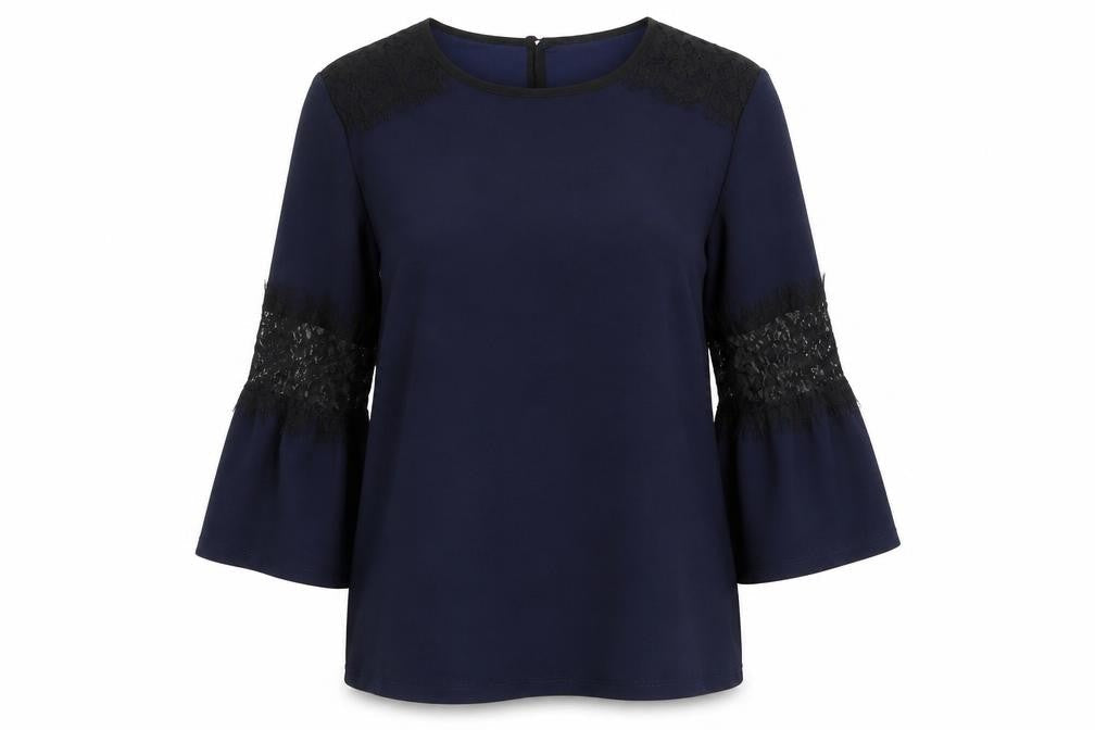 Warehouse Womens Blue Polyester Basic Blouse Size 10 Round Neck - Lace Detail