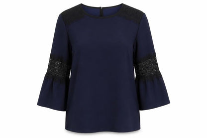 Warehouse Womens Blue Polyester Basic Blouse Size 10 Round Neck - Lace Detail