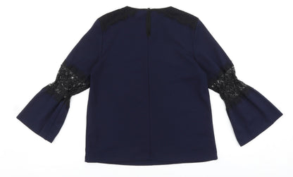 Warehouse Womens Blue Polyester Basic Blouse Size 10 Round Neck - Lace Detail
