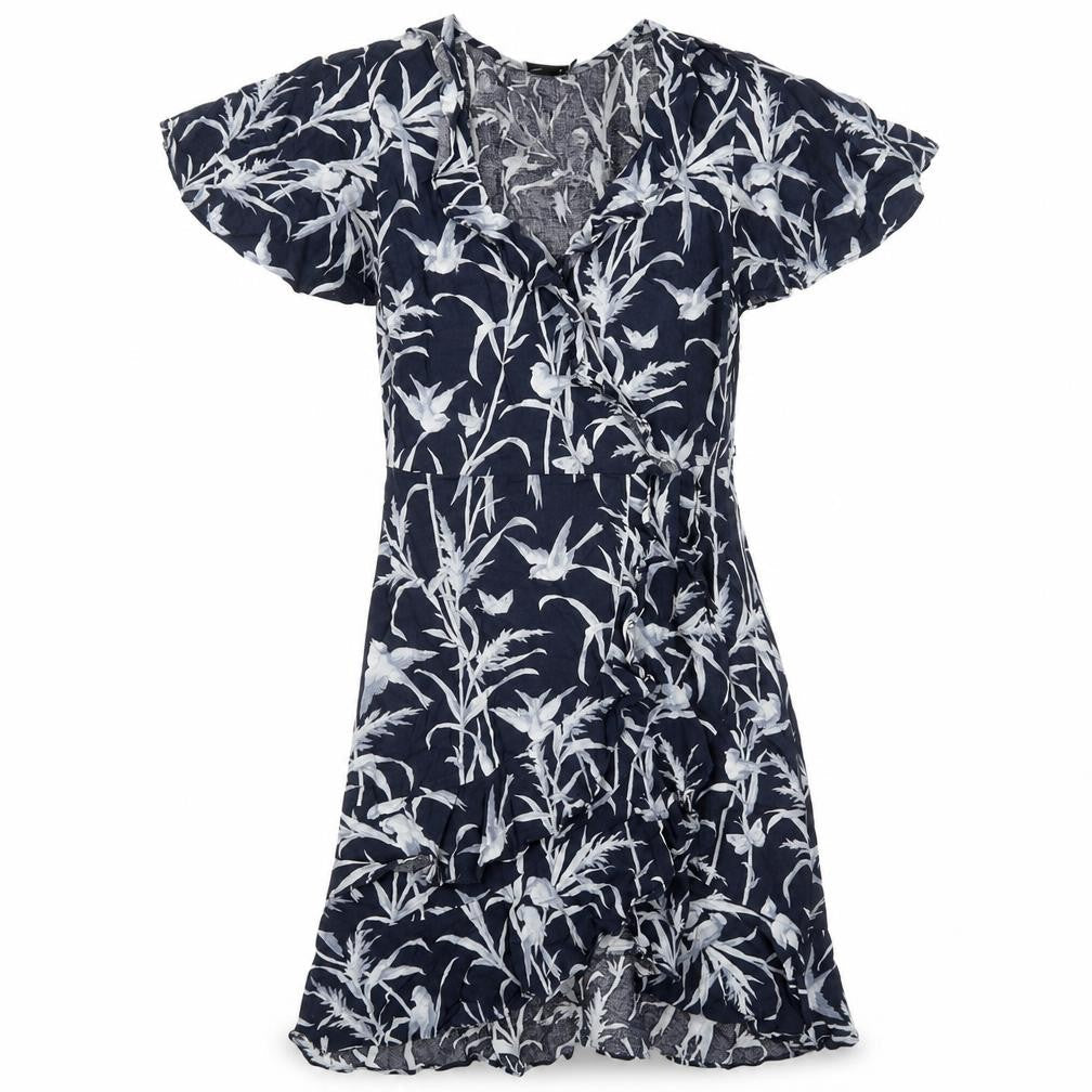 Oasis Womens Blue Geometric Viscose Fit & Flare Size 8 V-Neck Pullover - Bird Pattern