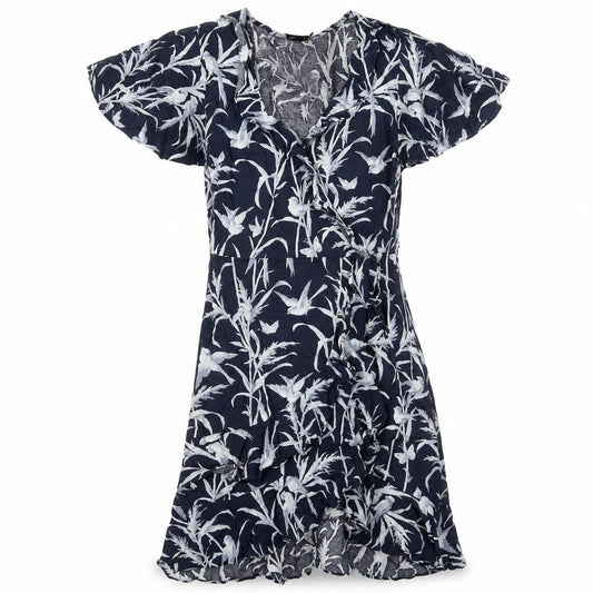 Oasis Womens Blue Geometric Viscose Fit & Flare Size 8 V-Neck Pullover - Bird Pattern