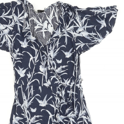 Oasis Womens Blue Geometric Viscose Fit & Flare Size 8 V-Neck Pullover - Bird Pattern