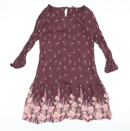Marks and Spencer Womens Purple Floral Viscose Fit & Flare Size 10 Round Neck Button