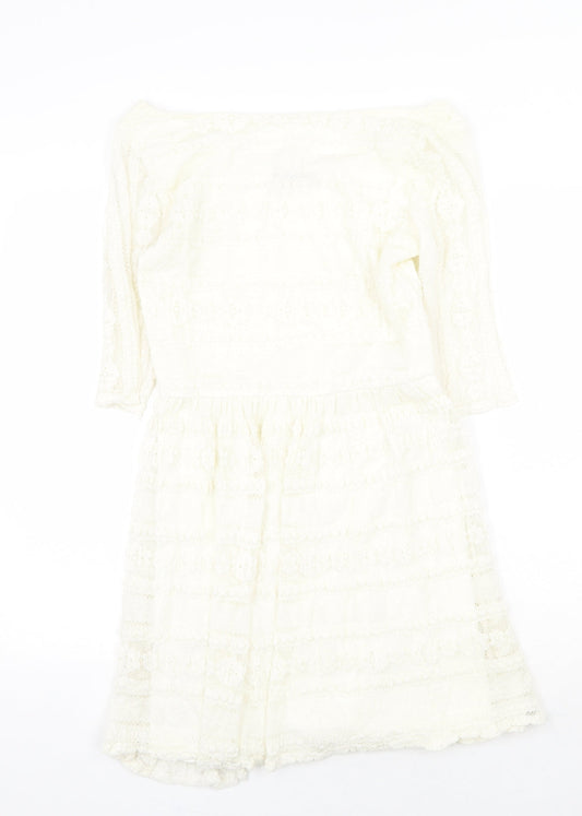 Jane Norman Womens White Geometric Nylon Fit & Flare Size 16 Off the Shoulder Pullover