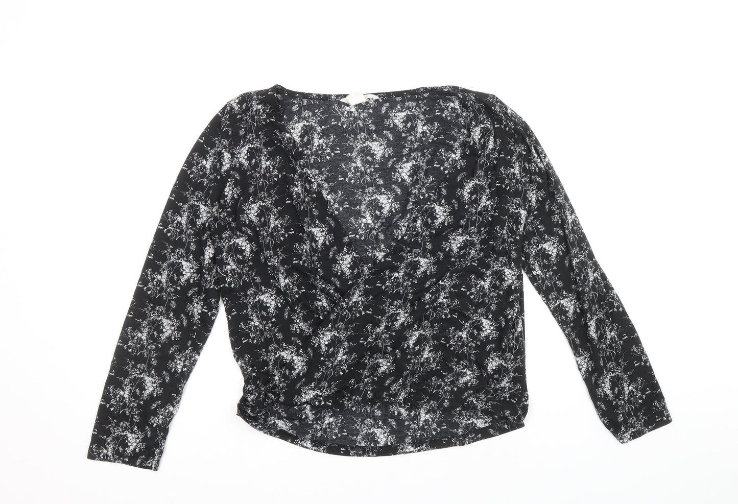 H&M Womens Black Floral Polyester Basic Blouse Size S V-Neck