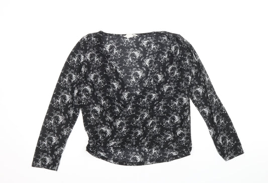 H&M Womens Black Floral Polyester Basic Blouse Size S V-Neck