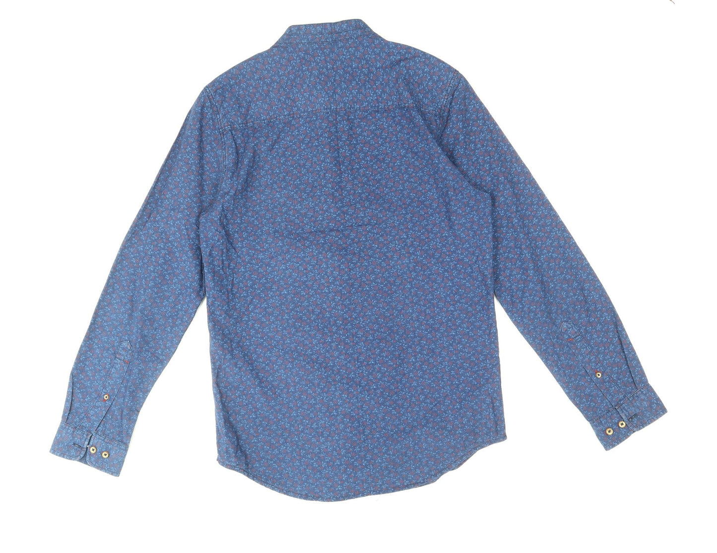 Max Mens Blue Floral Cotton Button-Up Size S Round Neck Button