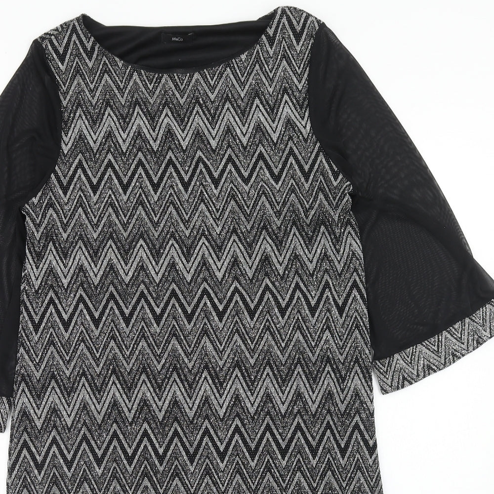 M&Co Womens Black Geometric Nylon Shift Size 14 Round Neck Pullover