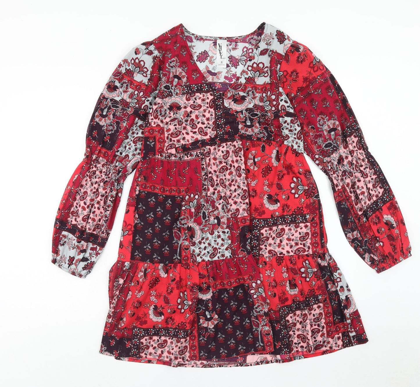Violet Romance Womens Red Floral Polyester A-Line Size 8 V-Neck Pullover - Patchwork