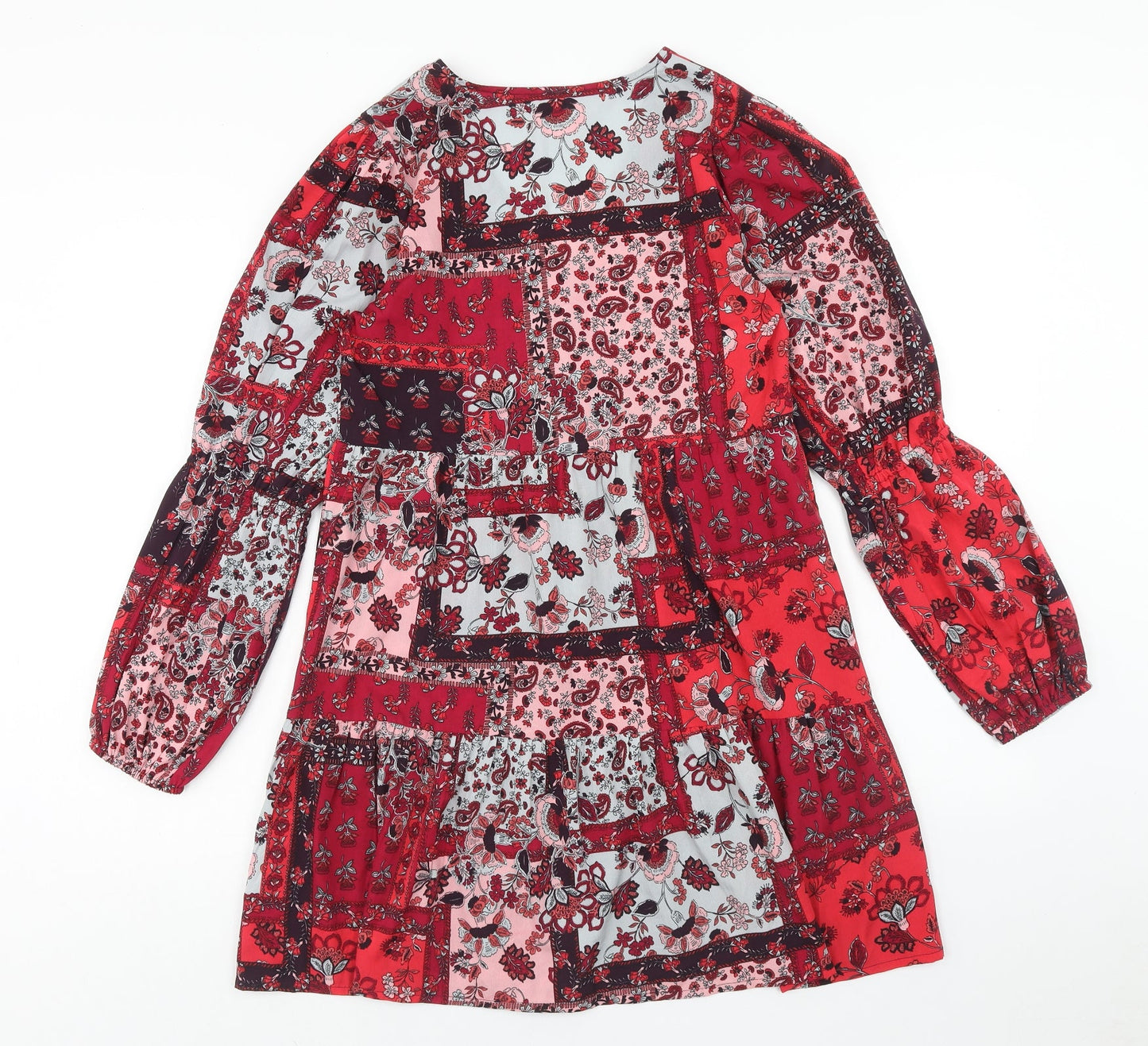 Violet Romance Womens Red Floral Polyester A-Line Size 8 V-Neck Pullover - Patchwork