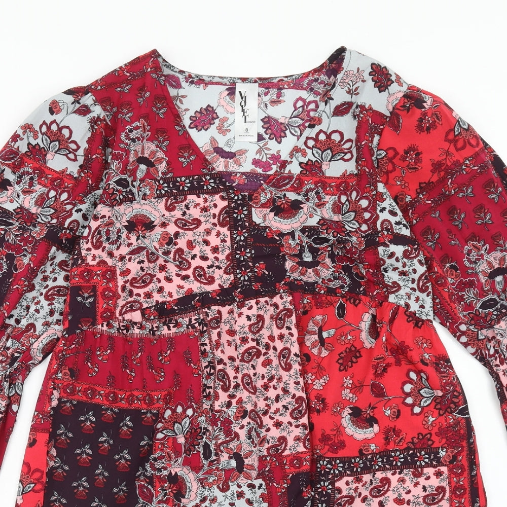 Violet Romance Womens Red Floral Polyester A-Line Size 8 V-Neck Pullover - Patchwork