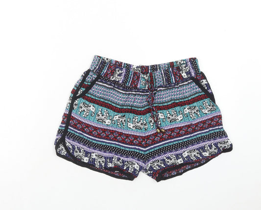 Preworn Womens Multicoloured Geometric Polyester Hot Pants Shorts Size M Regular Drawstring