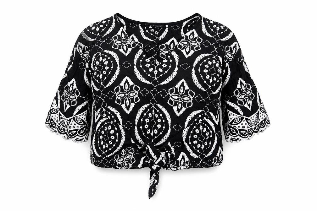 River Island Womens Black Geometric Cotton Basic Blouse Size 10 V-Neck