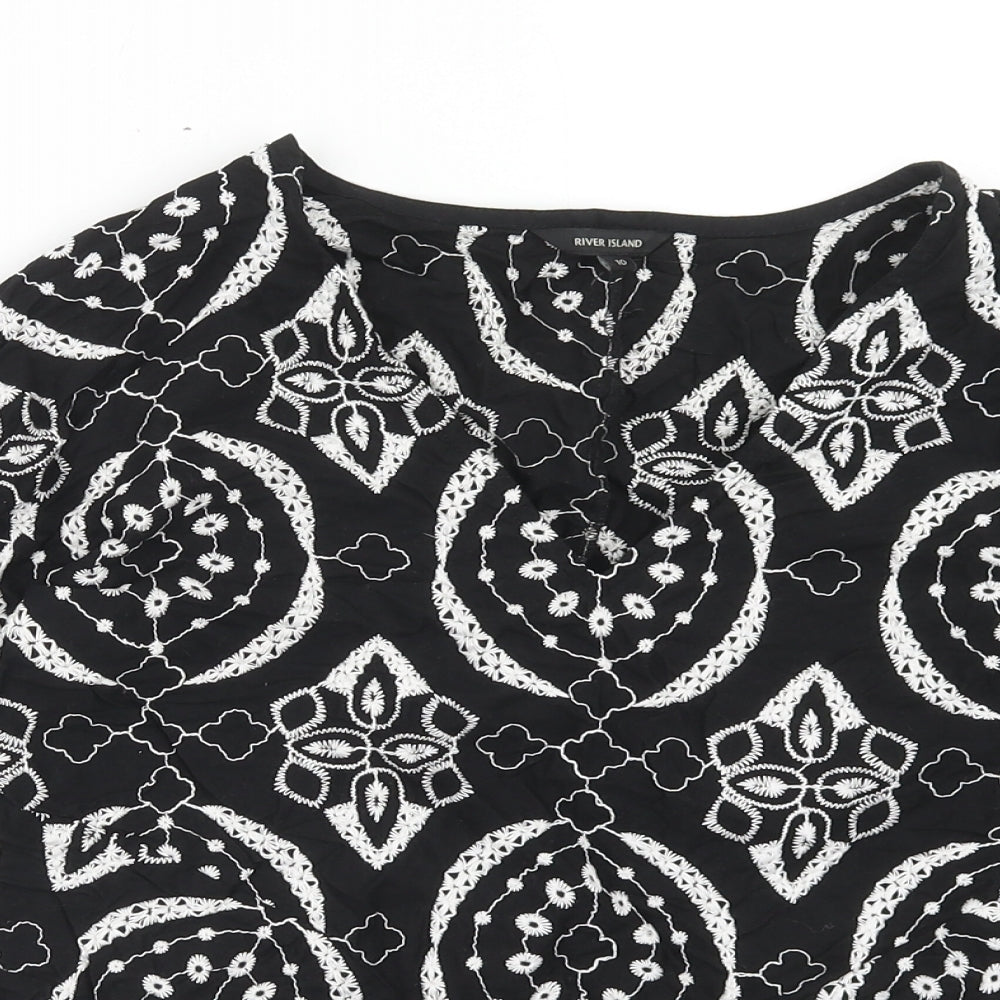 River Island Womens Black Geometric Cotton Basic Blouse Size 10 V-Neck