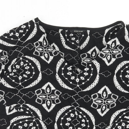 River Island Womens Black Geometric Cotton Basic Blouse Size 10 V-Neck