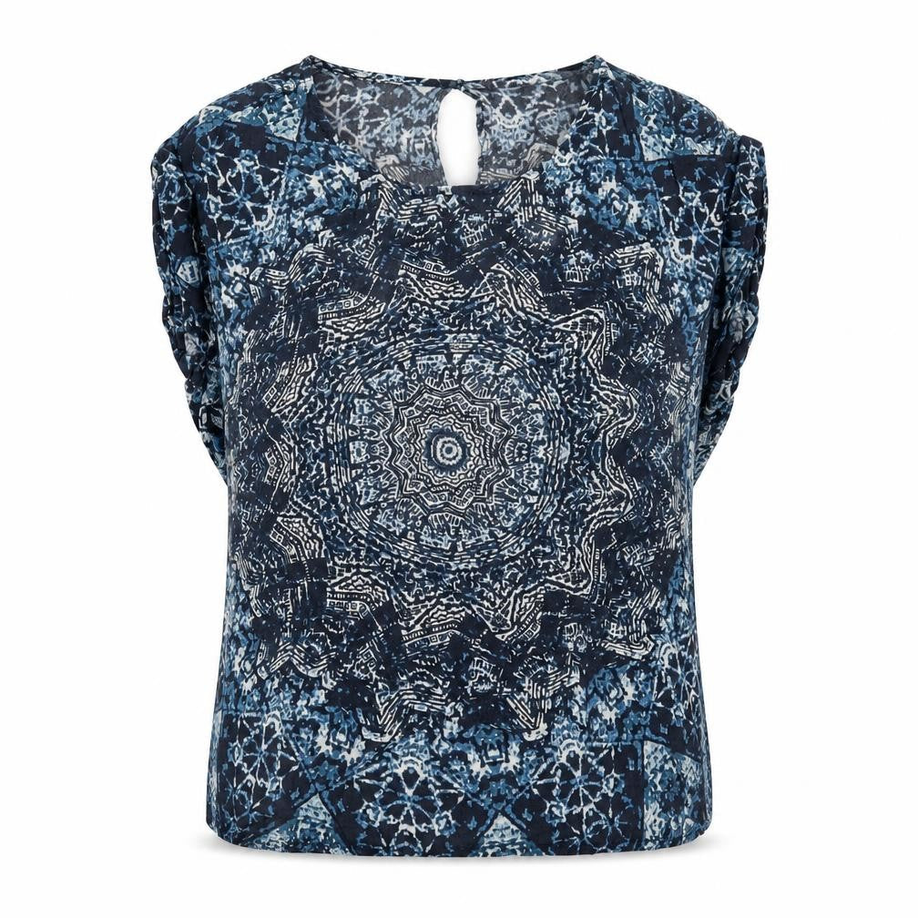 Label Lab Womens Blue Geometric Viscose Basic Blouse Size S Round Neck